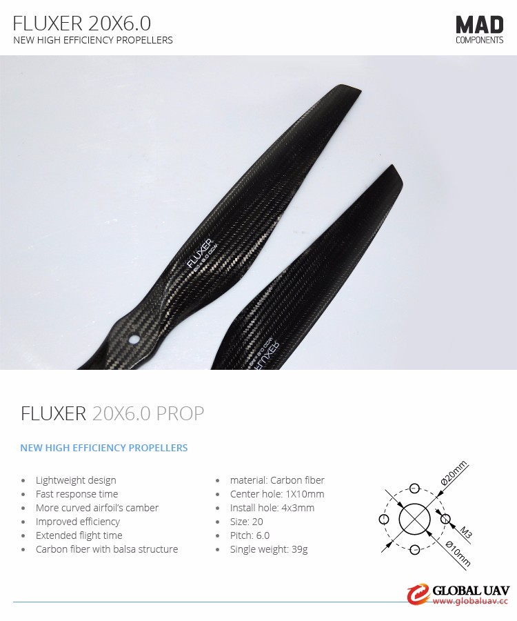 FLUXER High Efficiency Balancing CF Prop 20*6 propellers for quadcopter for Agriculture UAV/ Multicopter/Quadcopter